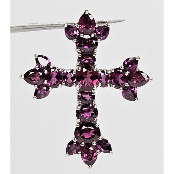 925 Sterling Silver & Rhodolite Garnet Cross Pendant - Enhancer Bail - Picture 1 of 8